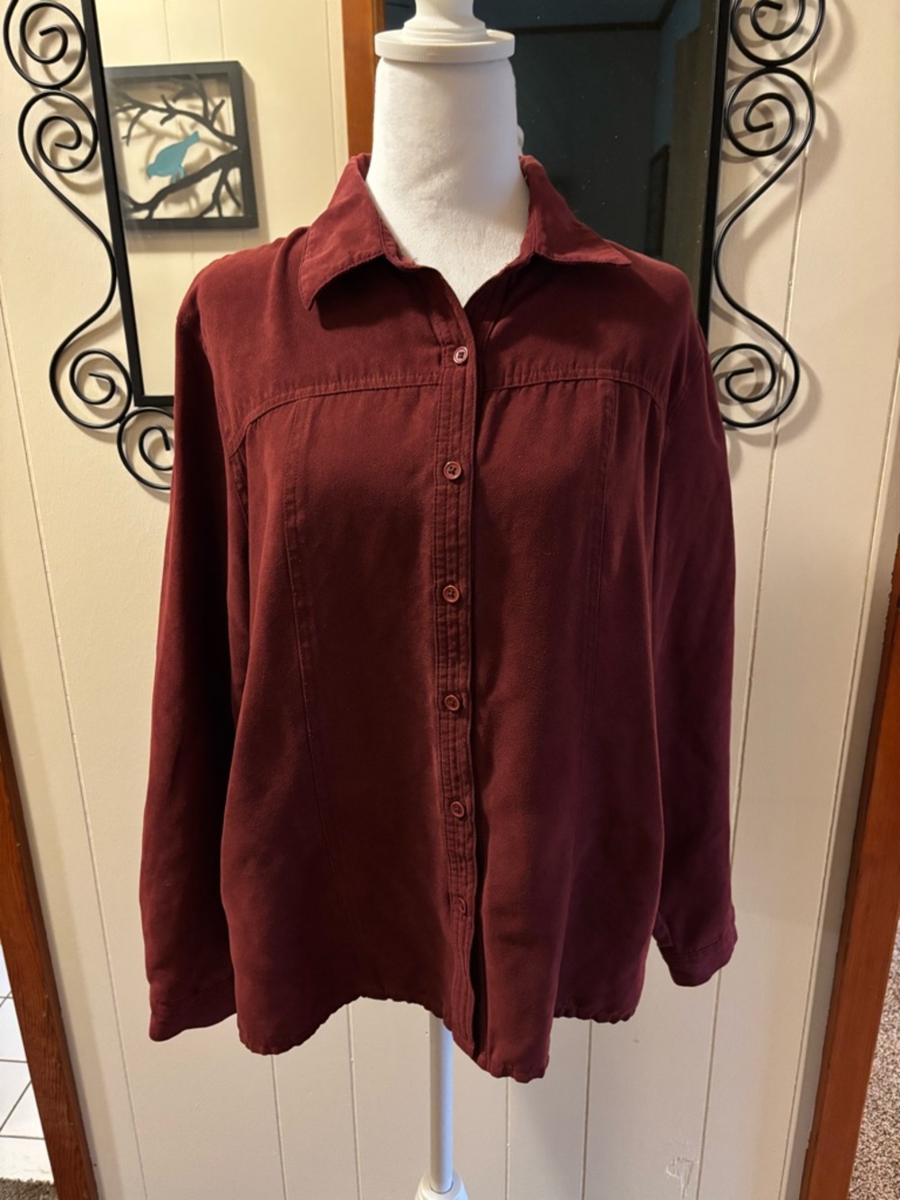 Kim Rogers Button-Front Shirt in rustic red wine color size Large